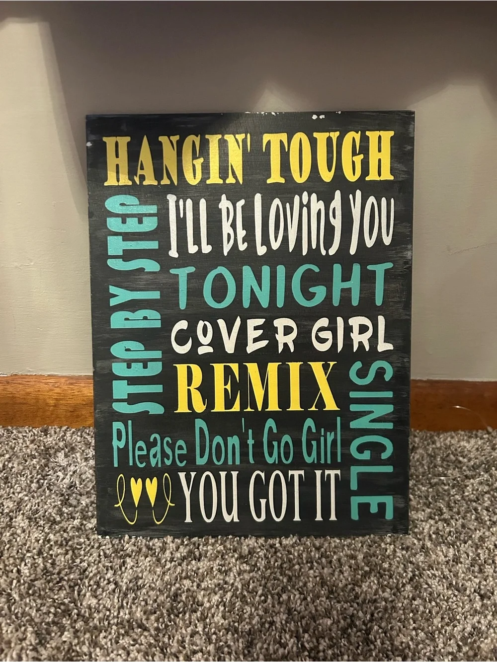 New Kids on the Block Typography Wall Art Sign - Black with Teal & Yellow Lyrics